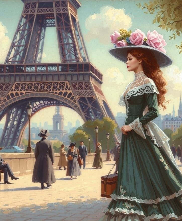 Elegant Parisian Woman Strolls Along the Eiffel Tower