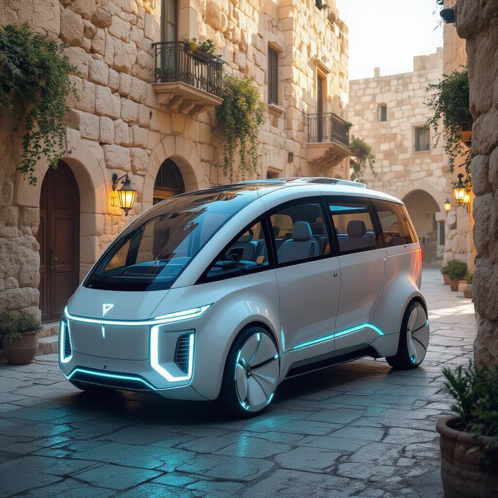 Futuristic 15-Seater Vehicle in Ancient Israeli Alleys
