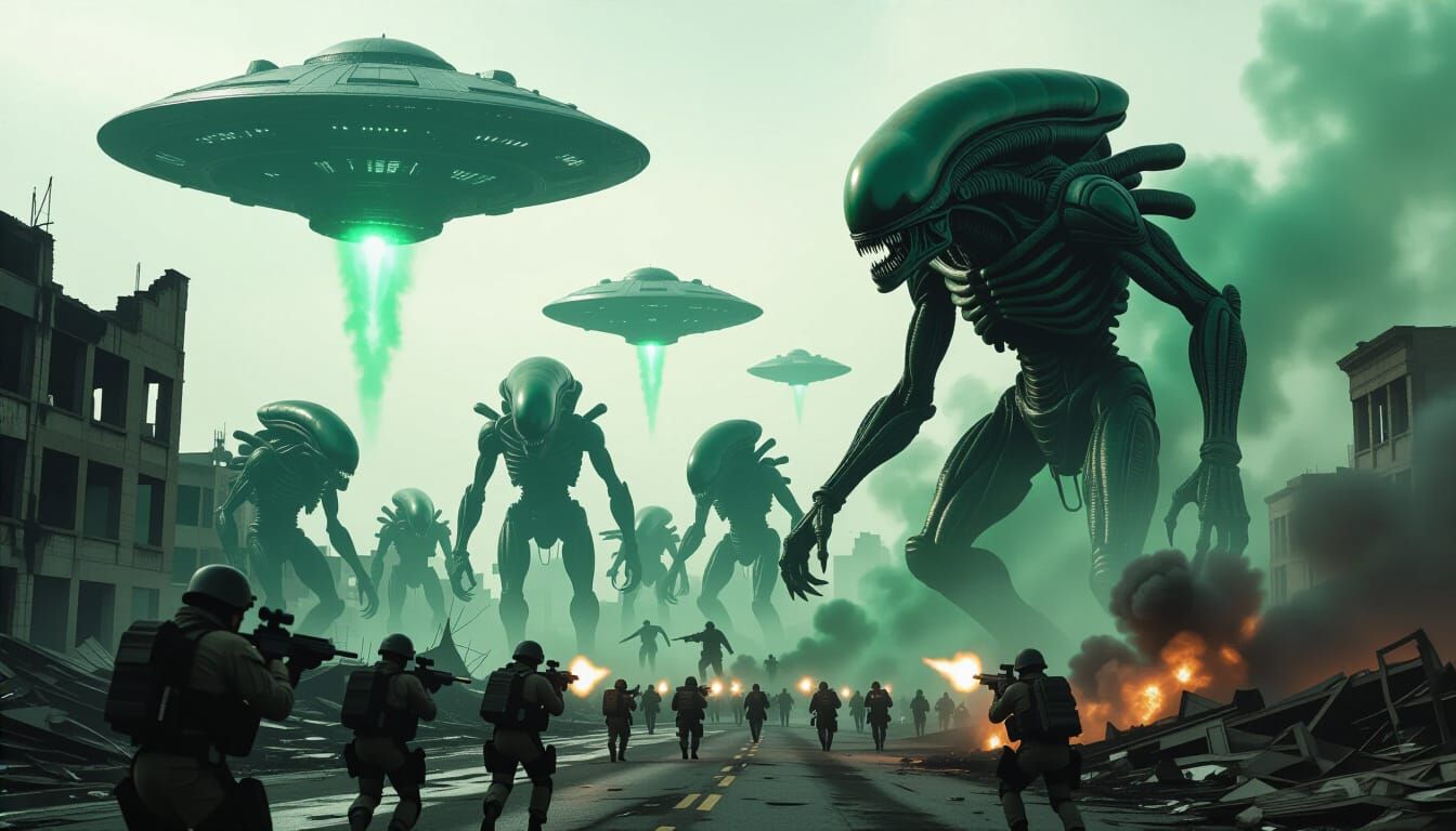 Extraterrestrial Invasion in Ruined City, Hyperrealistic Sty...