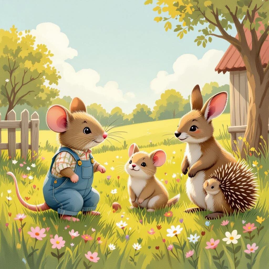 Mouse and Friends Enjoying Spring on the Farm