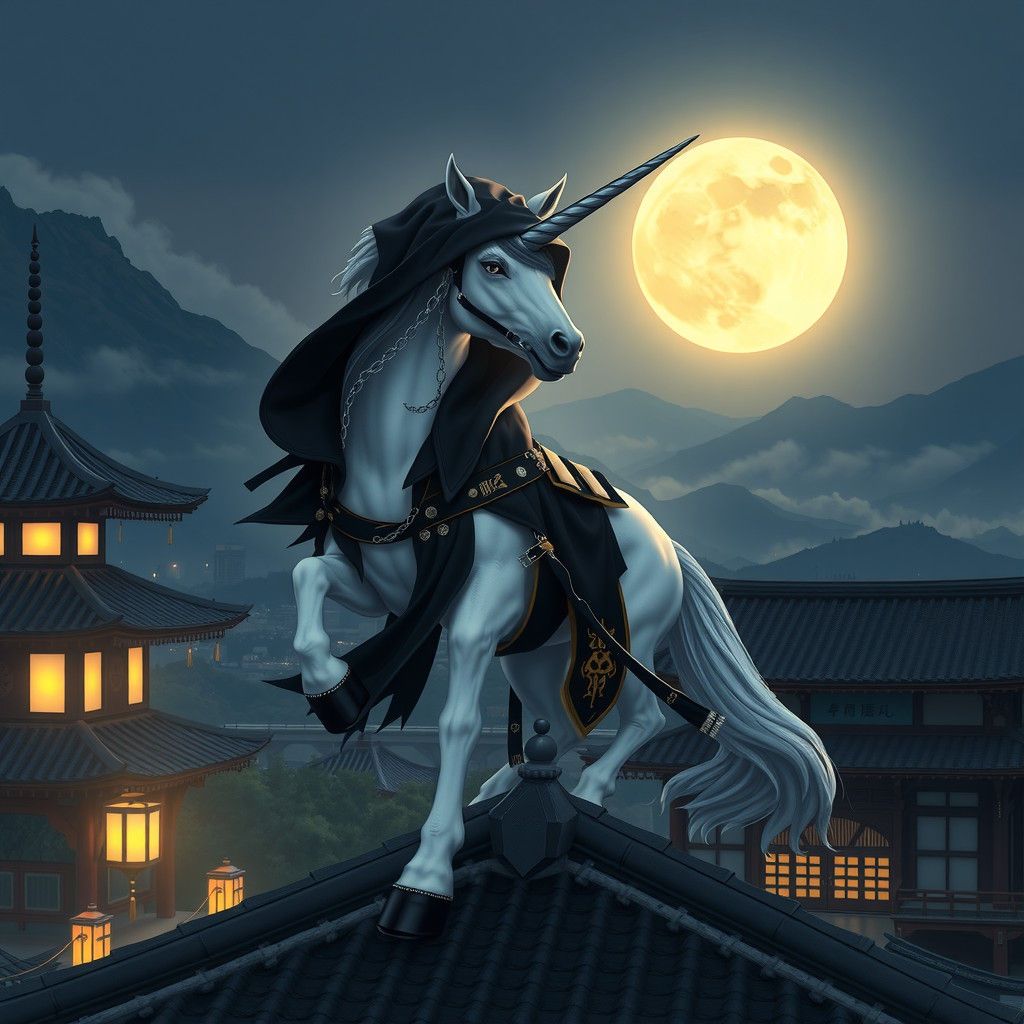 Unicorn Ninja on Pagoda Roof in Digital Illustration
