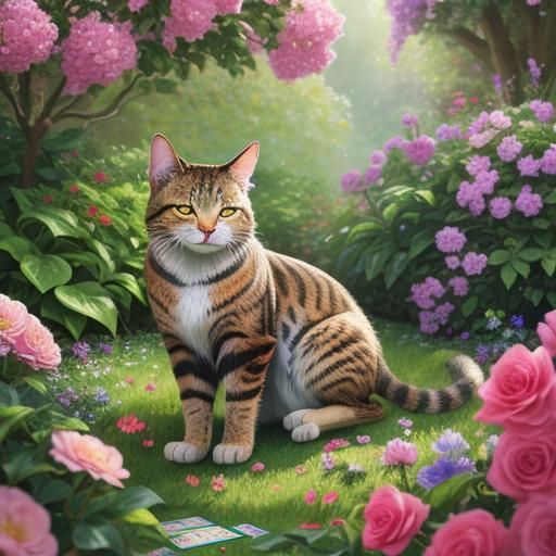 European Cat Plays Cards in Hyperrealistic Garden