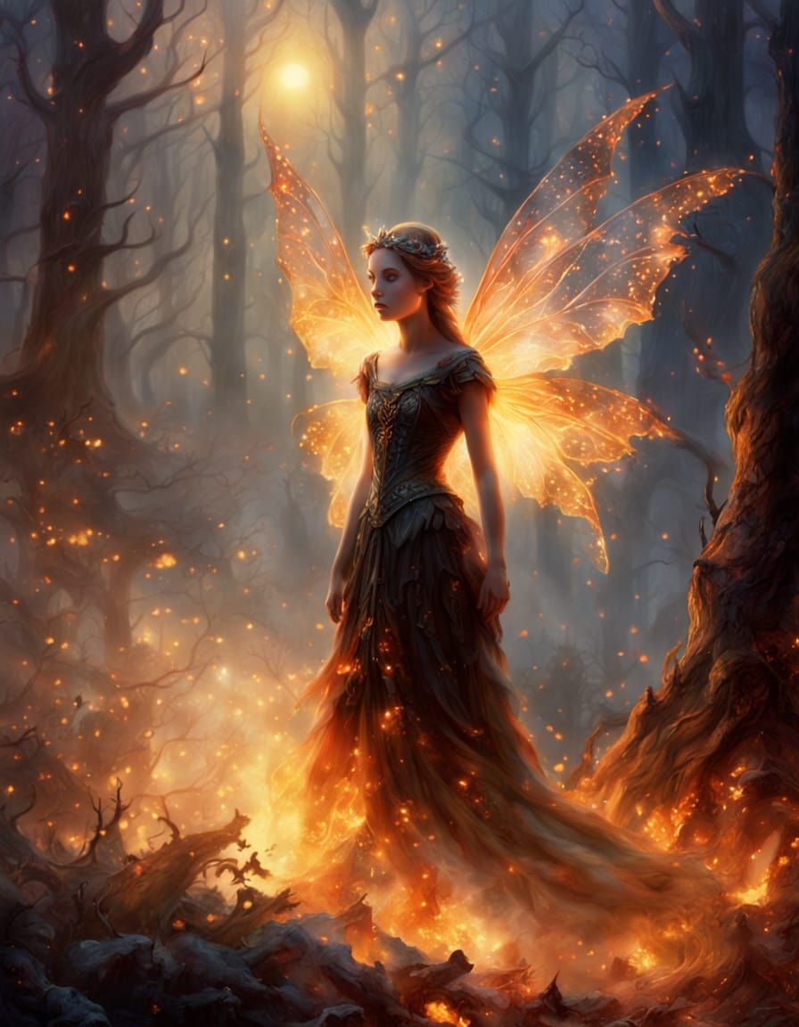 Fiery Fairy in Charred Forest, Mystical Realism