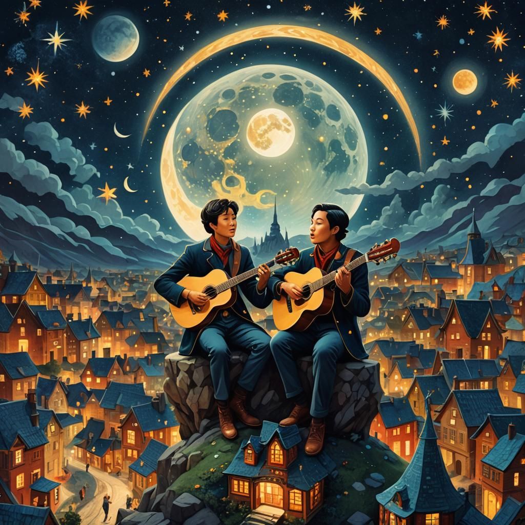 Minstrel's Moon Village: A Surreal Collage Art Illustration