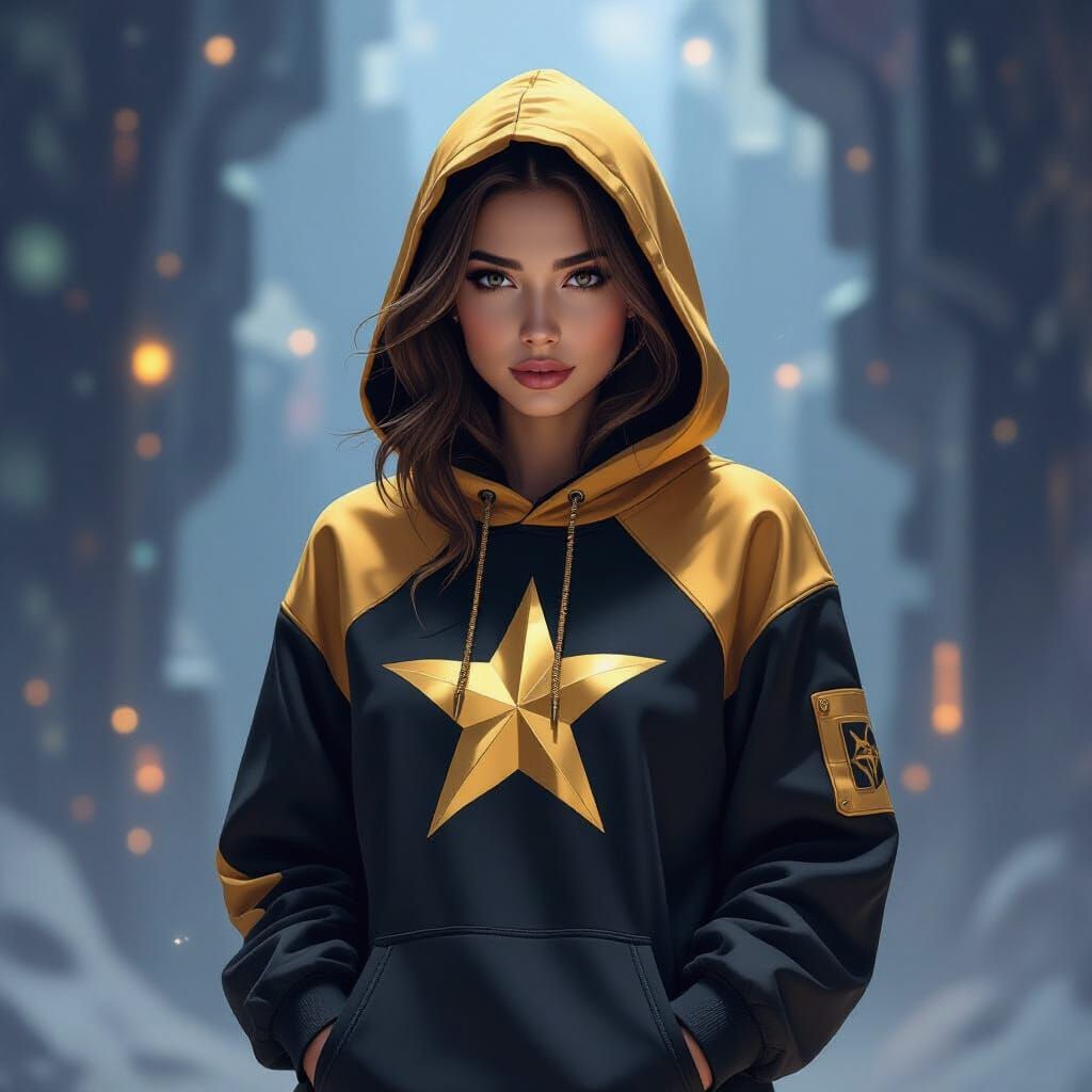 Cosmic Woman in Gold Hoodie, Digital Painting