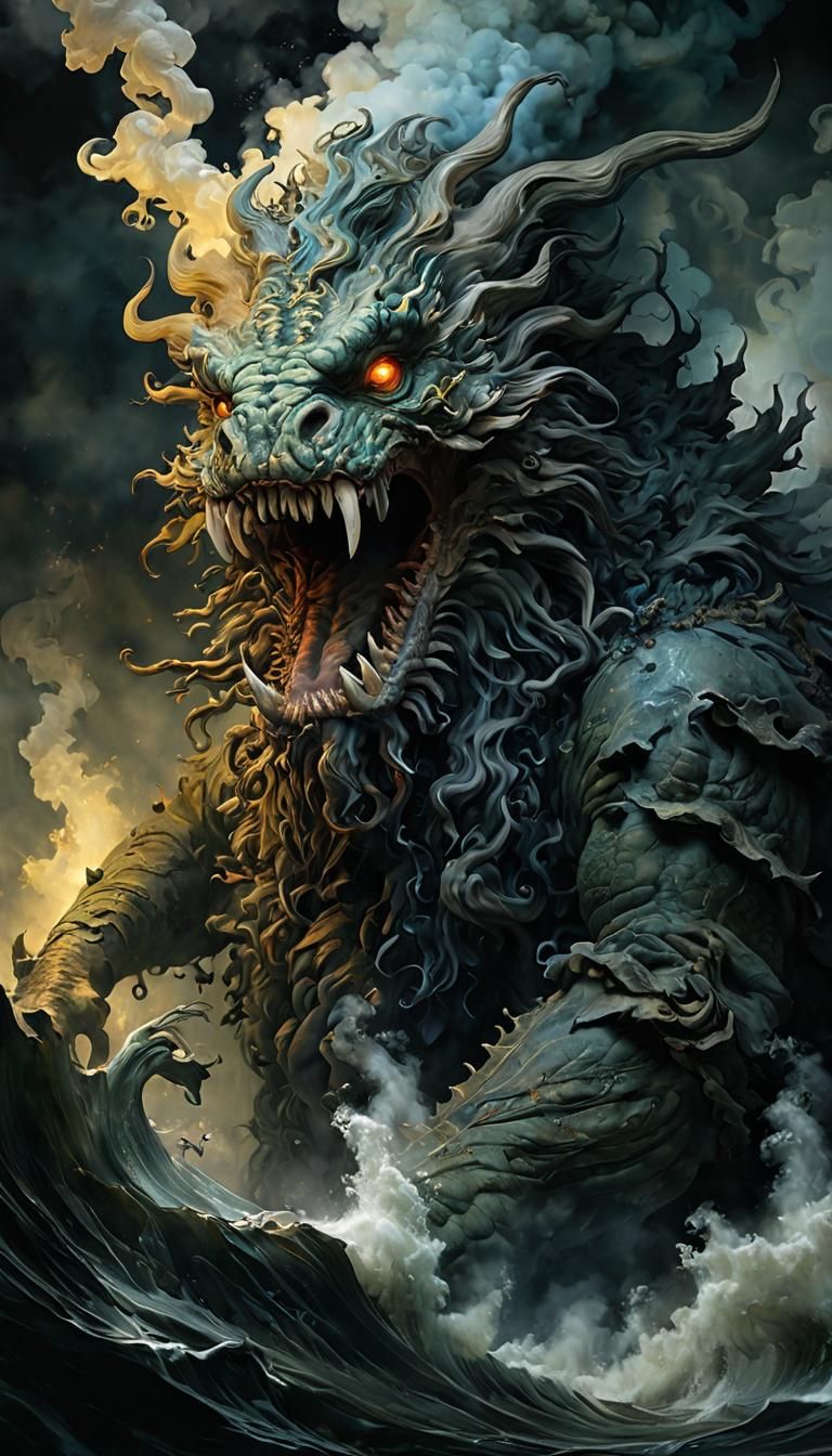 Dark Ominous Water Scene with a Luminous Smoke Monster