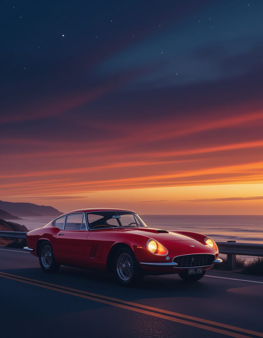 Vintage Red Sports Car on Coastal Highway at Dusk