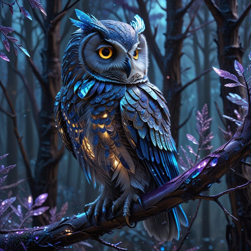 Chrome Owl in Moonlit Forest: Dark Fantasy Art