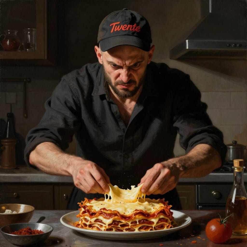 Angry Bald Man Making Lasagna in Dramatic Kitchen Light