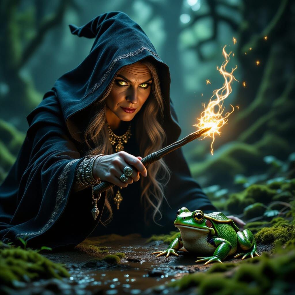 Witch Transforms Man Into Frog with Magic Wand