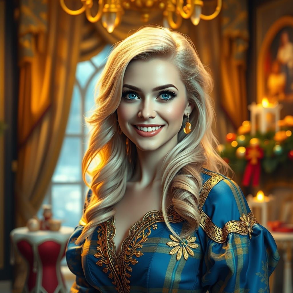 Holiday Woman in Plaid Gown in Golden Room