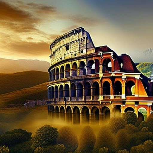 Golden Light Colosseum Atop Overgrown Mountain