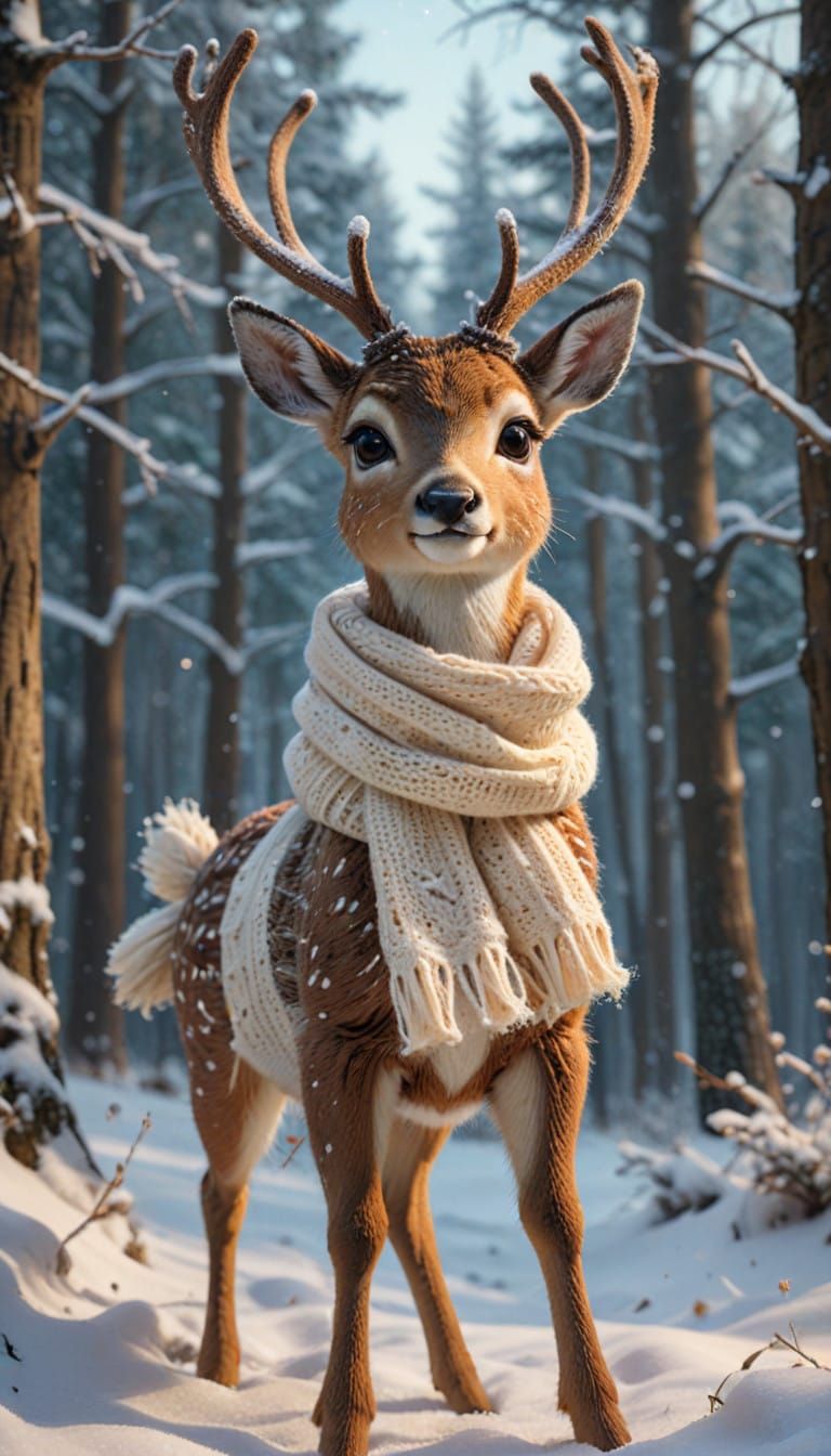 Whimsical Winter Woodland Scene with Adorable Bambi Deer