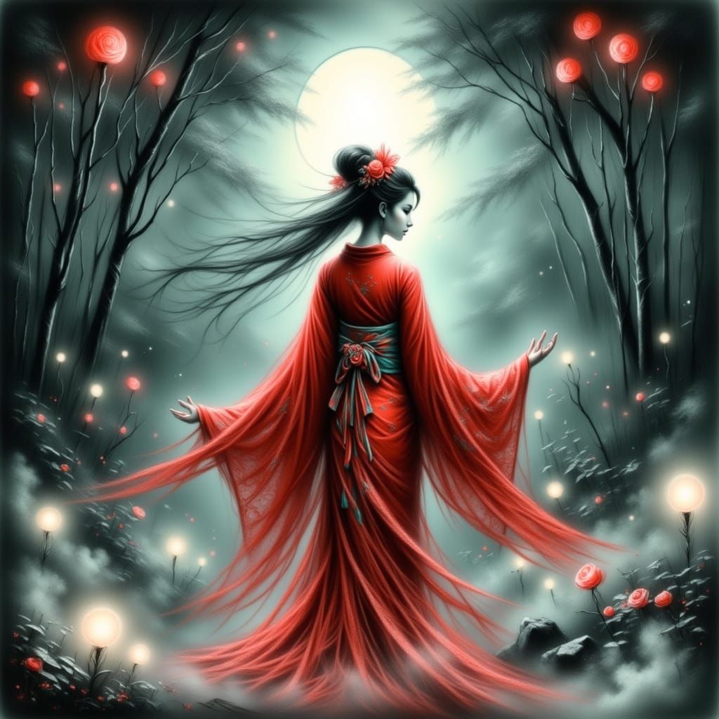 Yokai Woman in Bamboo Forest: Japanese Folklore Art