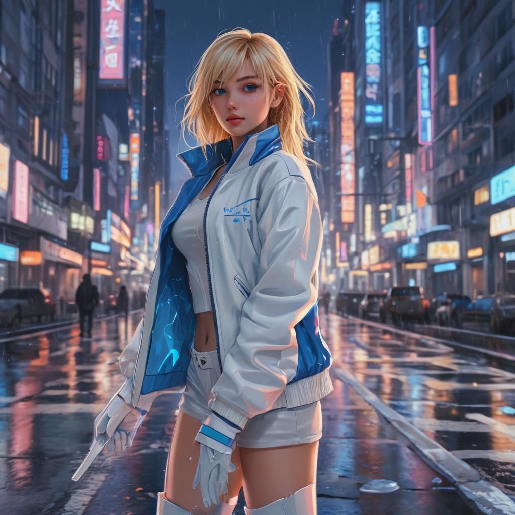 Blonde Woman in Neon Cityscape: 90s Anime Style