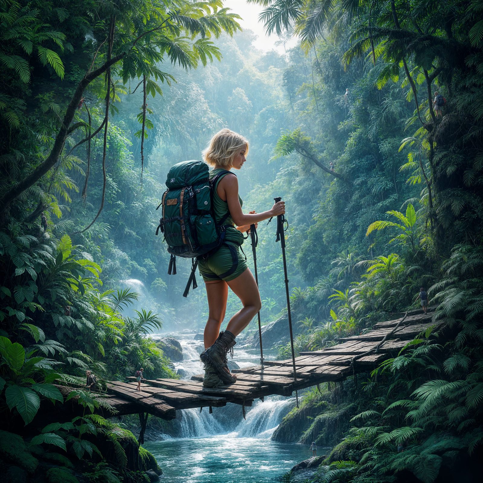 Adventurer on Wooden Bridge in Tropical Rainforest