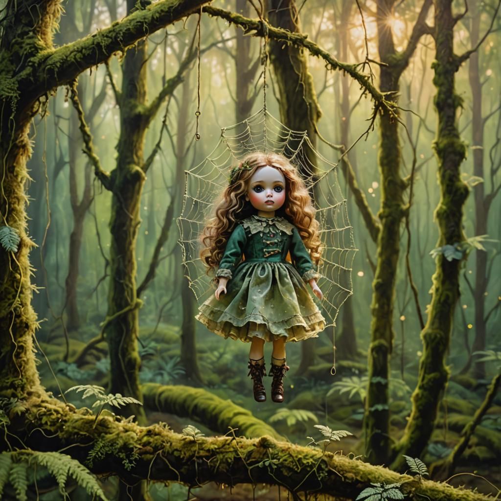 Porcelain Doll in Spider Web: Whimsical Oil Painting