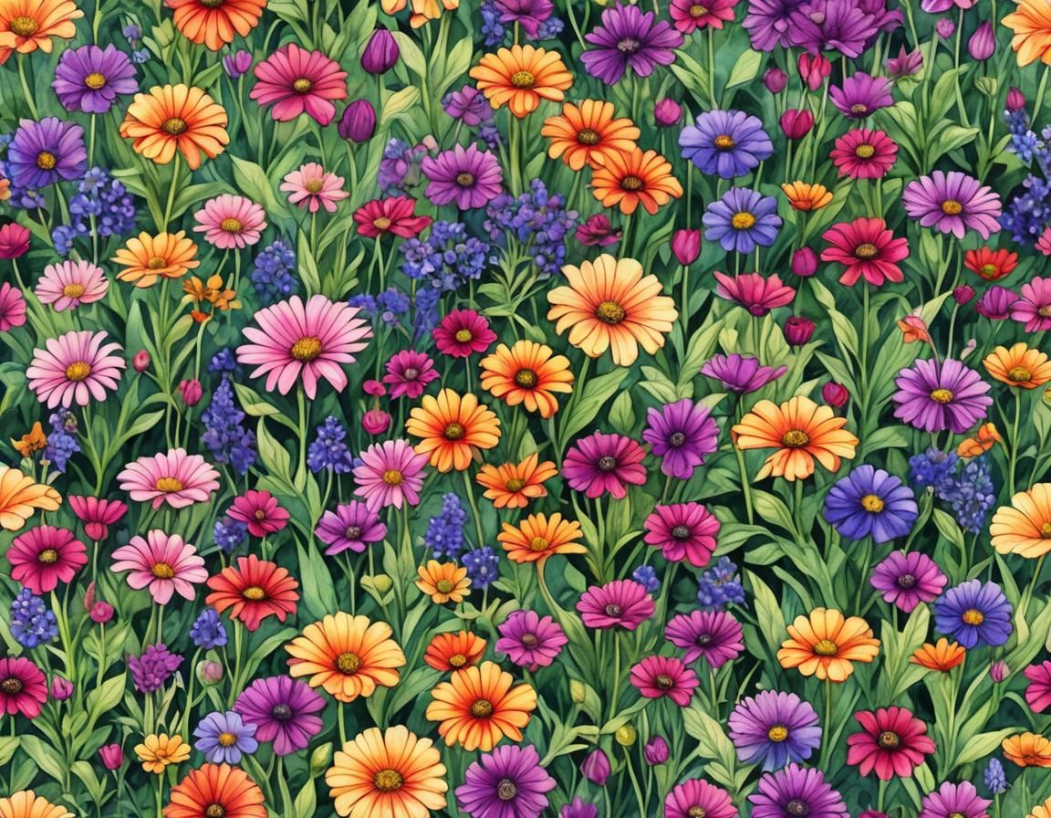 Vibrant Spring Annuals in Biopunk Watercolor Style