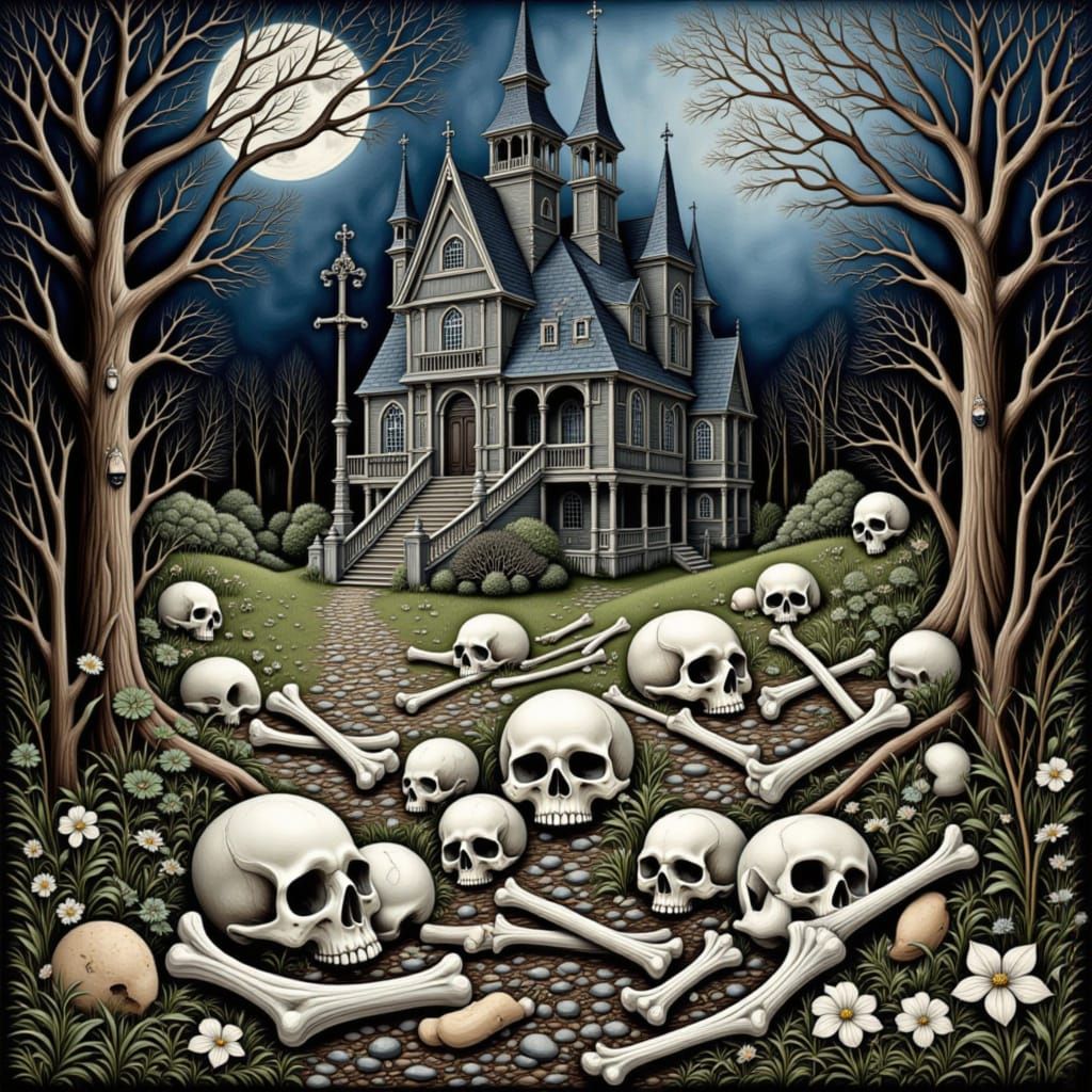 Desolate Landscape of Bones in Victorian Gothic Style