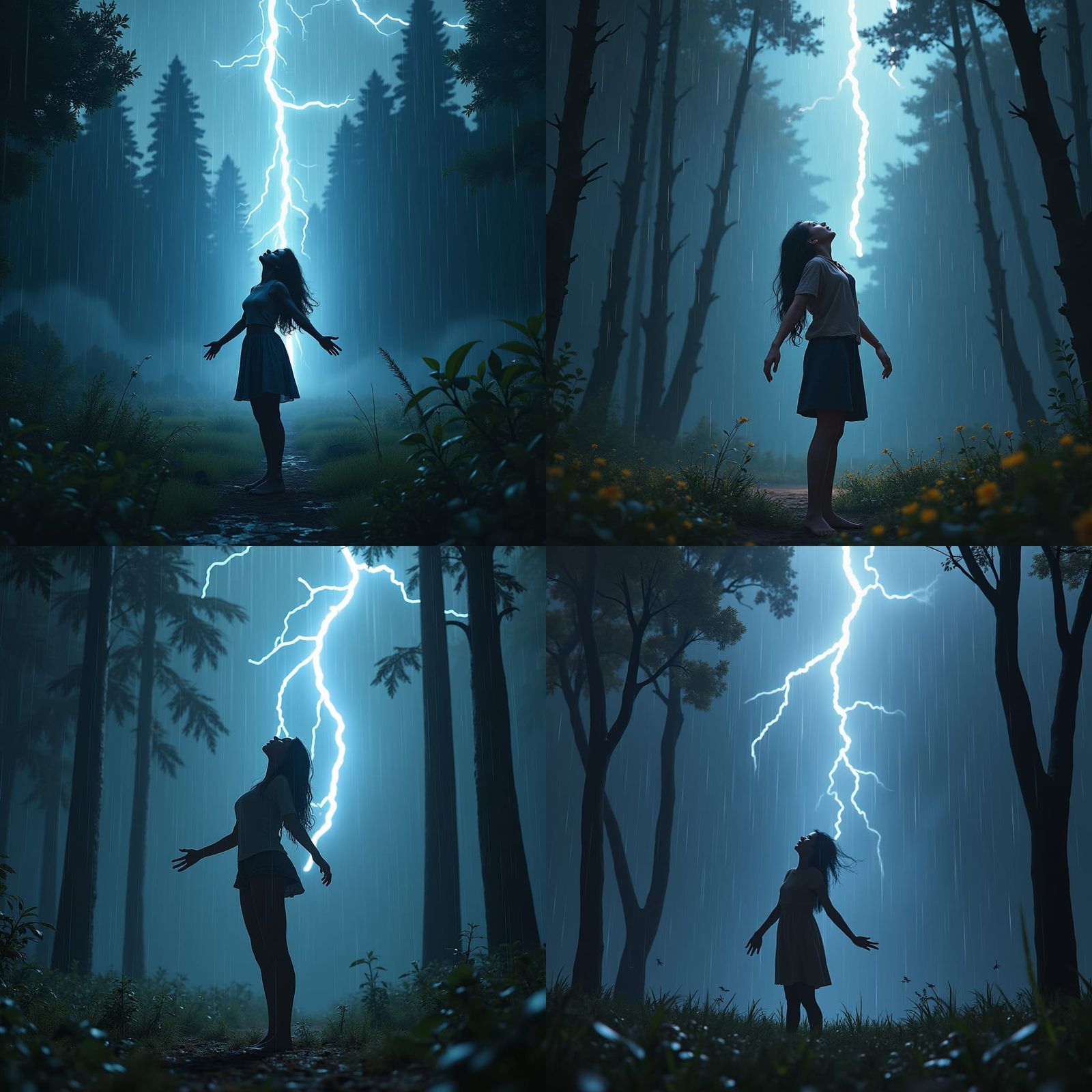 Woman Gazes at Lightning in Forest Clearing