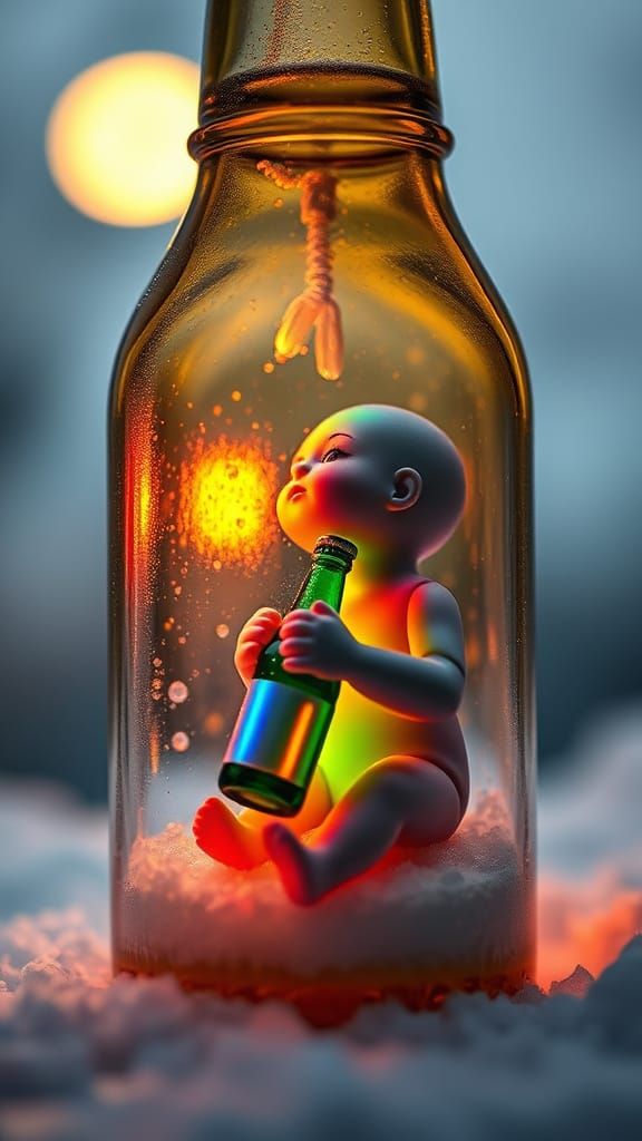 Tiny Baby Doll Sits in Beer Bottle, Surrounded by Winter Won...