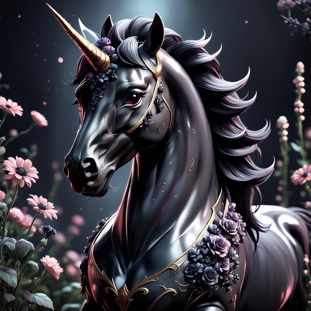 Dark Unicorn with Black Flowers in Anime Style