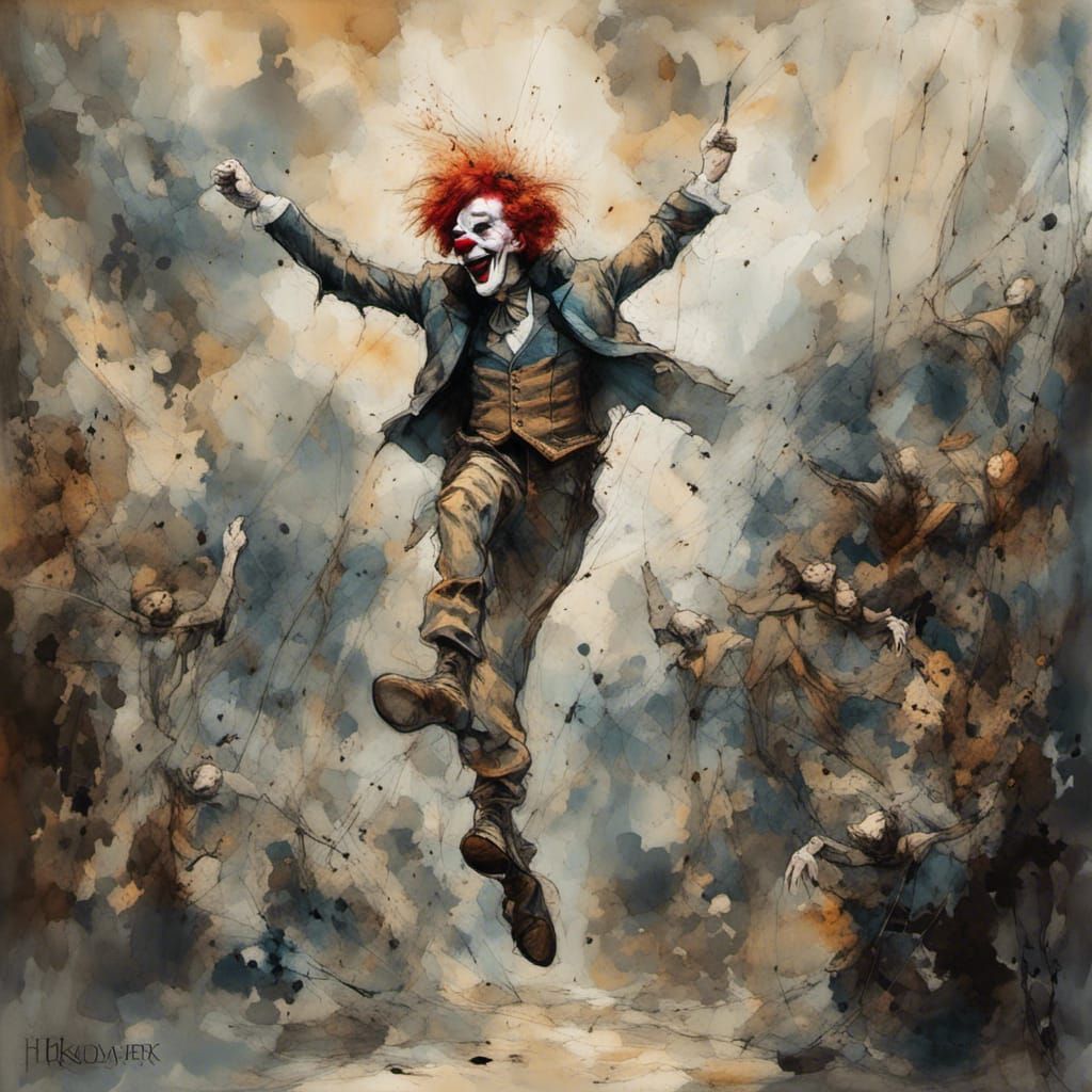 <lora:Dark:1.0> 1890 Scary Circus Clown Act in Gouache Style, Watercolor, Museum Epic Impressionist Maximalist Masterpie...