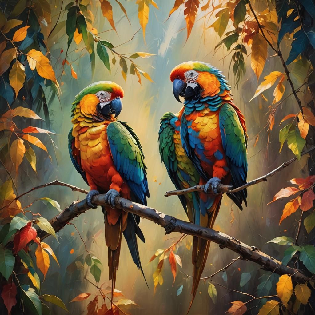 Colorful Parrots on Branch as Oil Painting