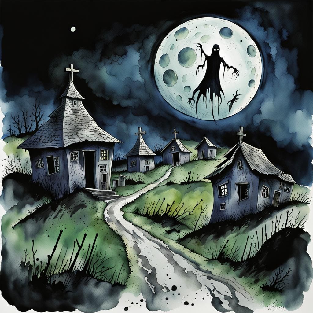Eerie Haunted Village with Skull Moon, Ink Art
