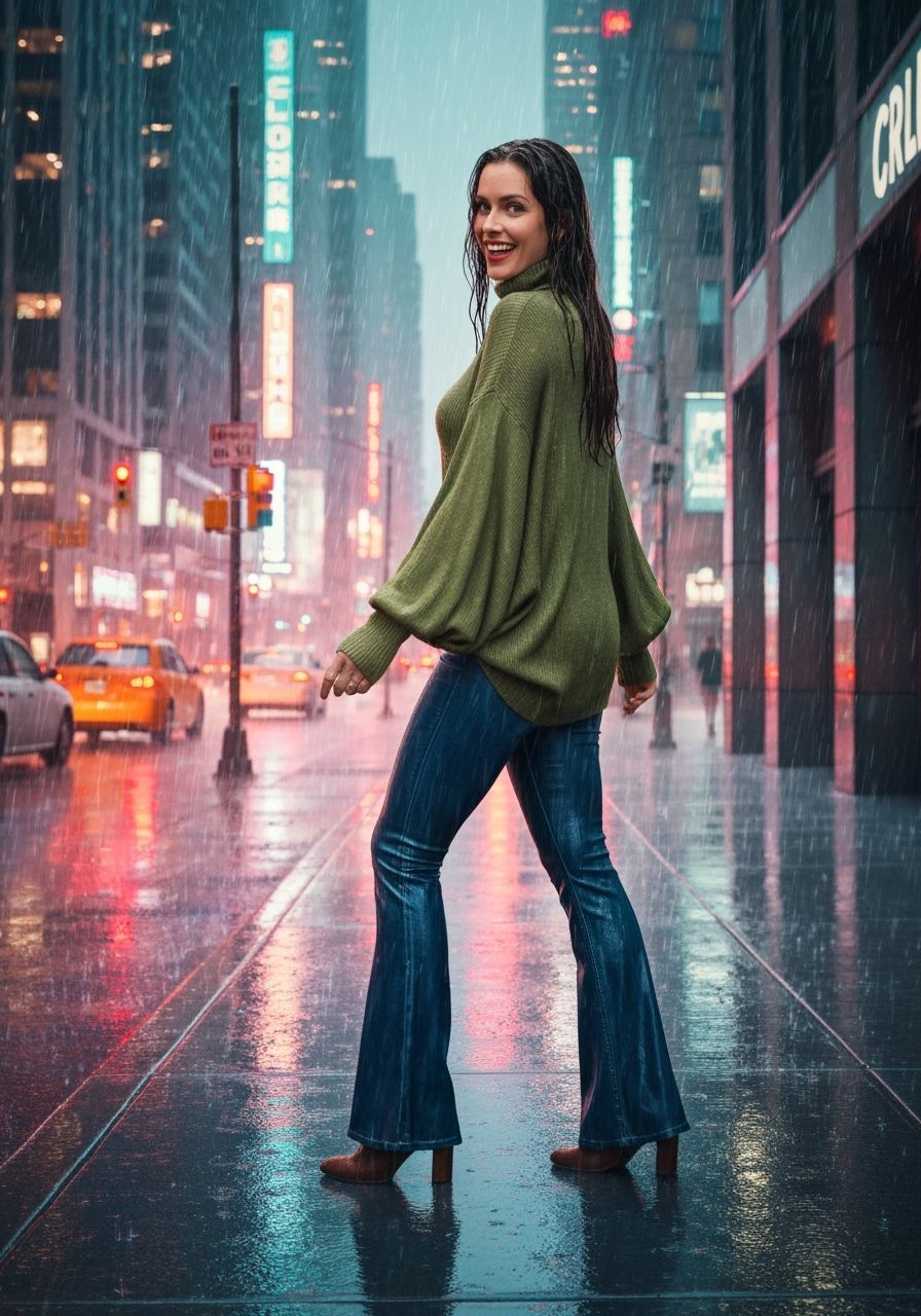 Rainy City Night: Woman in Photorealistic Style