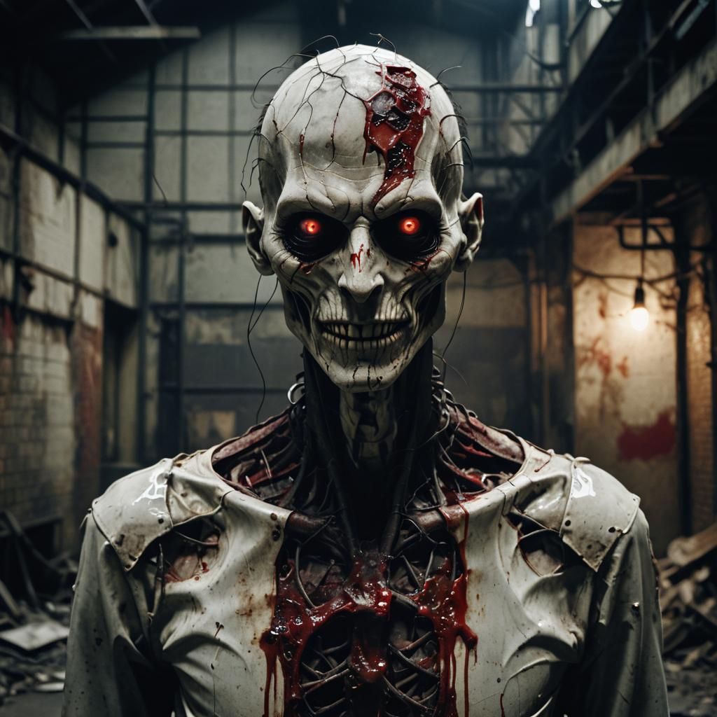 Creepy Porcelain Demon in Dark Industrial Setting