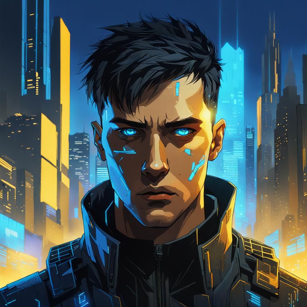 Cyberpunk Portrait of a Young Man in a Futuristic Cityscape