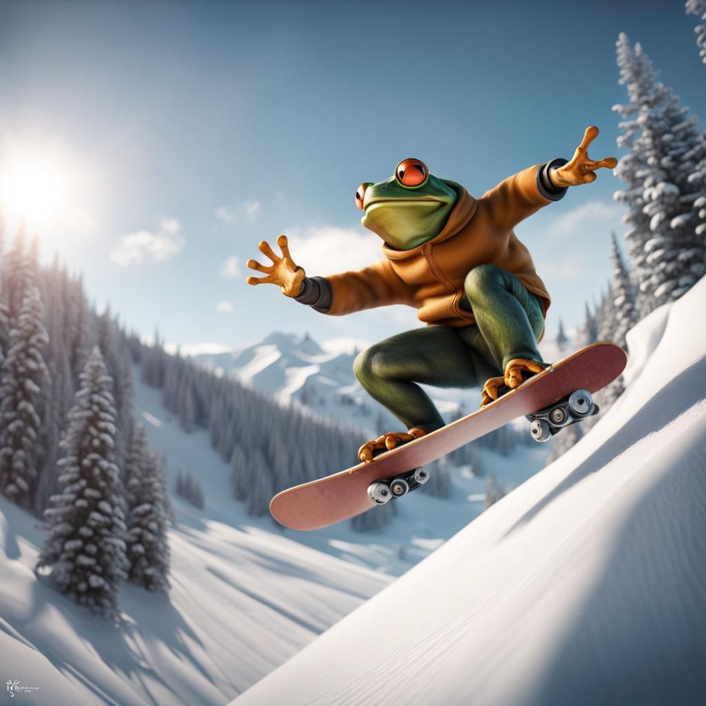 Frog Snowboarding Freestyle Jumps: Detailed Matte Painting