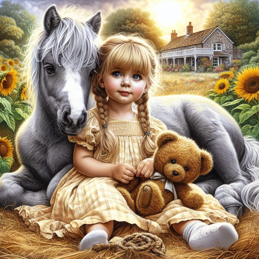 Toddler Girl with Pony in Summer Landscape as Pen and Ink Ar...