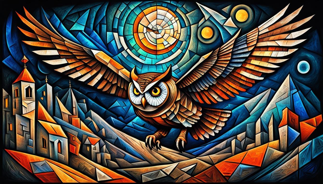 Steampunk Cubist Owl in Flight