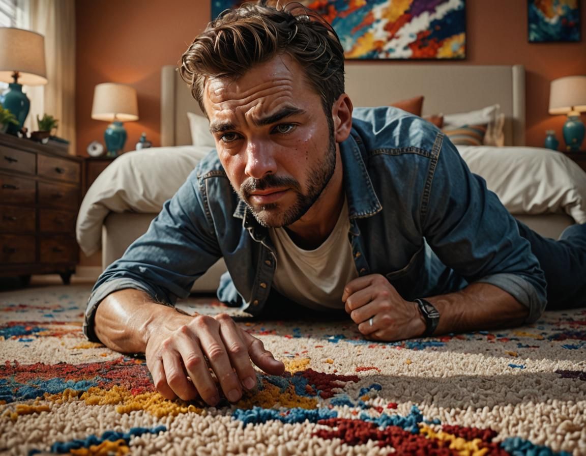 Hyperrealistic Man Fitting Carpet in Colorful Room