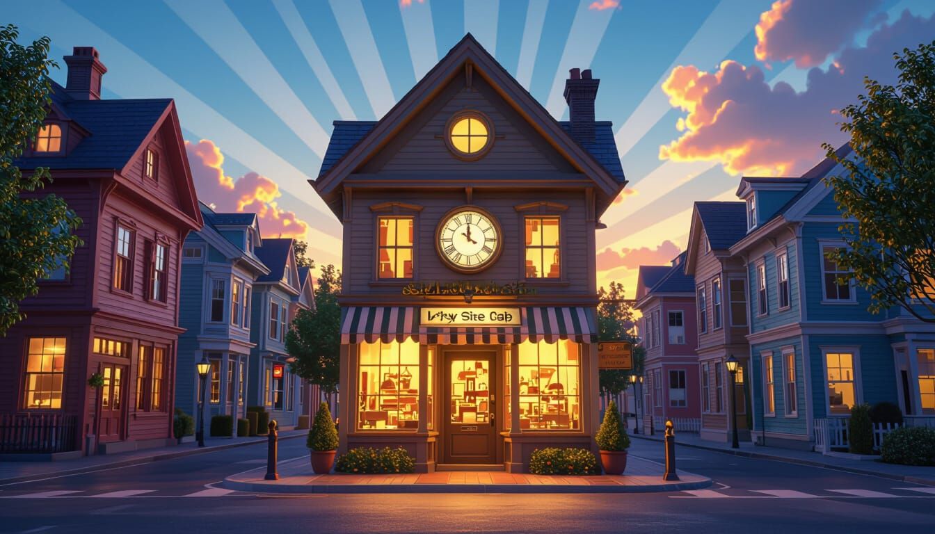 Charming Clock Shop in Pixar-Style 3D Digital Art