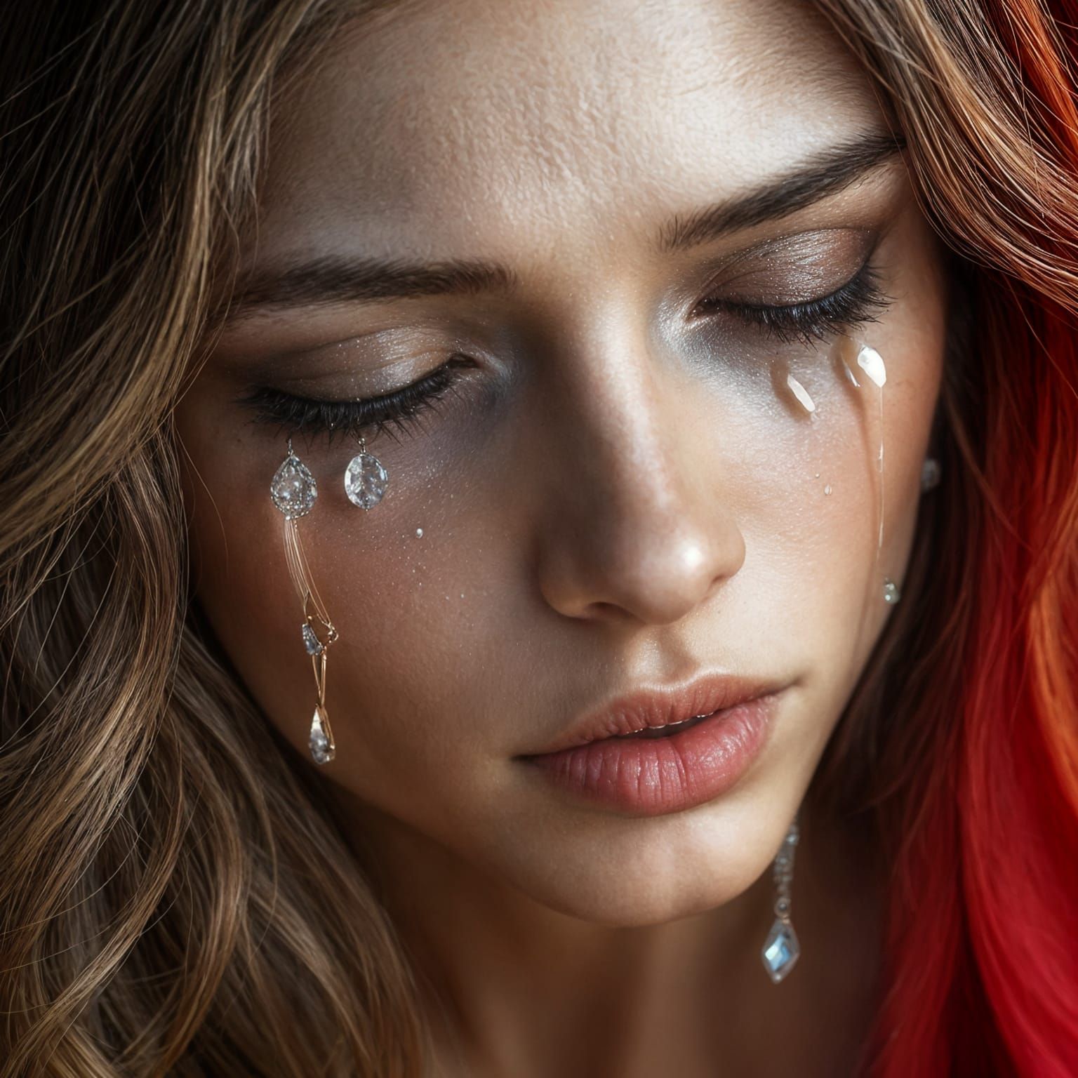 Hyperrealistic Goddess Crying Diamonds