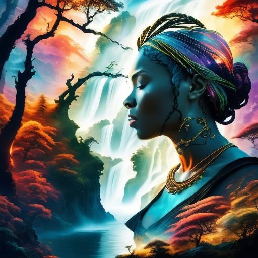 African Woman Portrait with Waterfall, Watercolor Style