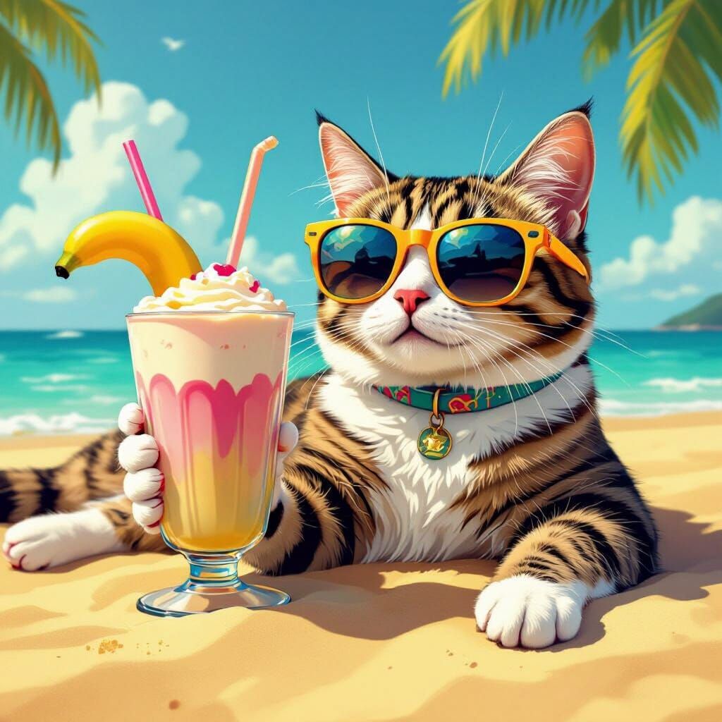 Cool Cat Sipping Milkshake on Beach in Illustrative Style