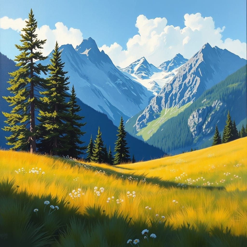 Serene Alpine Landscape in Oil Painting