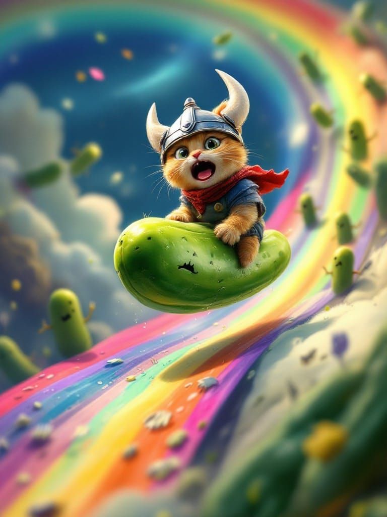 Tiny Cat Viking on Whimsical Rainbow Adventure