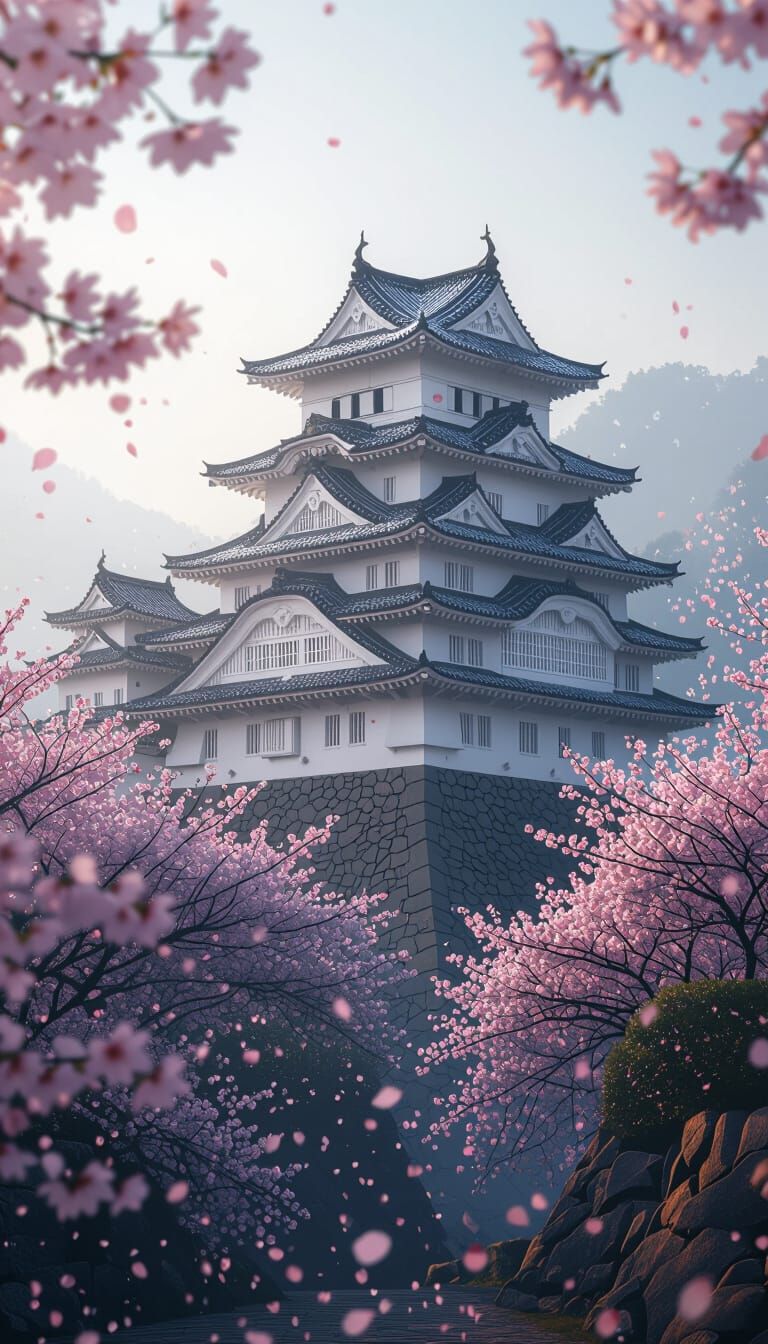 Himeji Castle in Spring: Hyperrealistic Ukiyo-e Painting