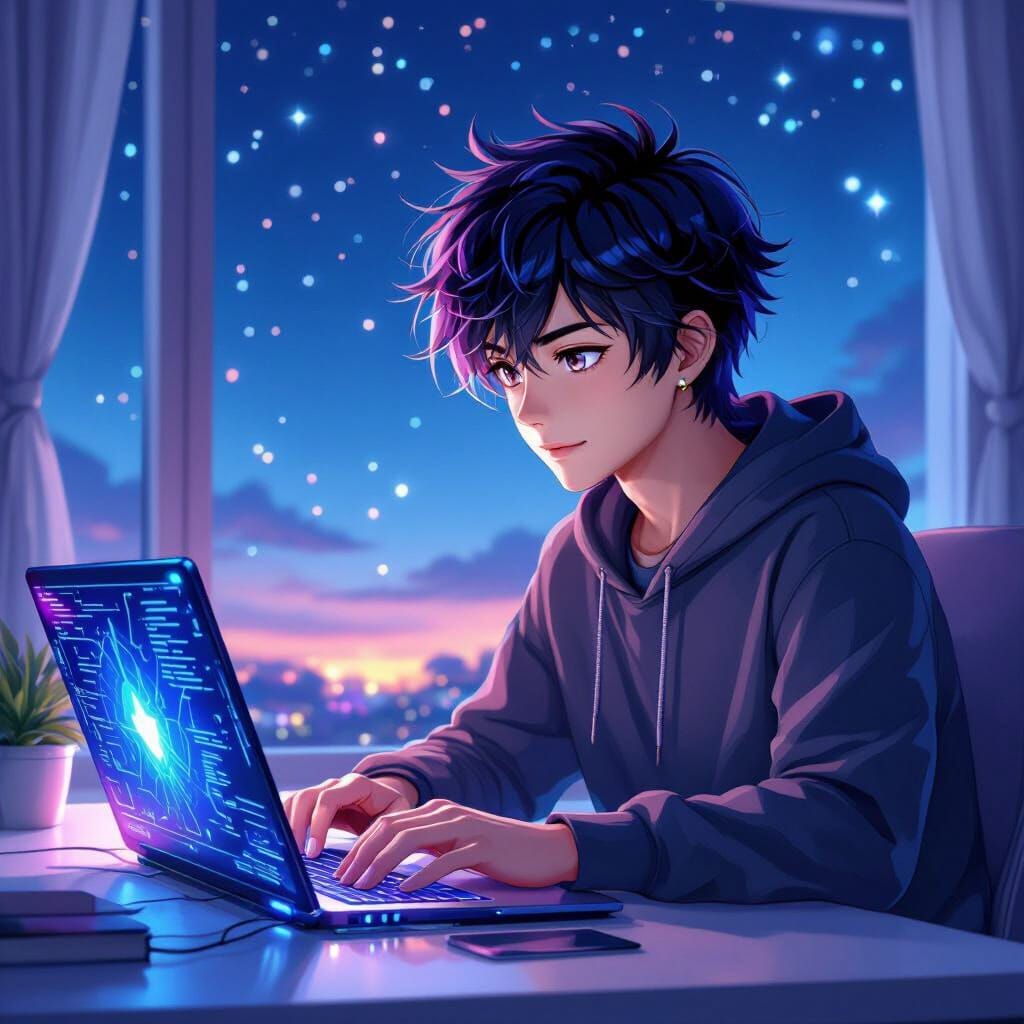 Anime Programmer Coding on Futuristic Laptop