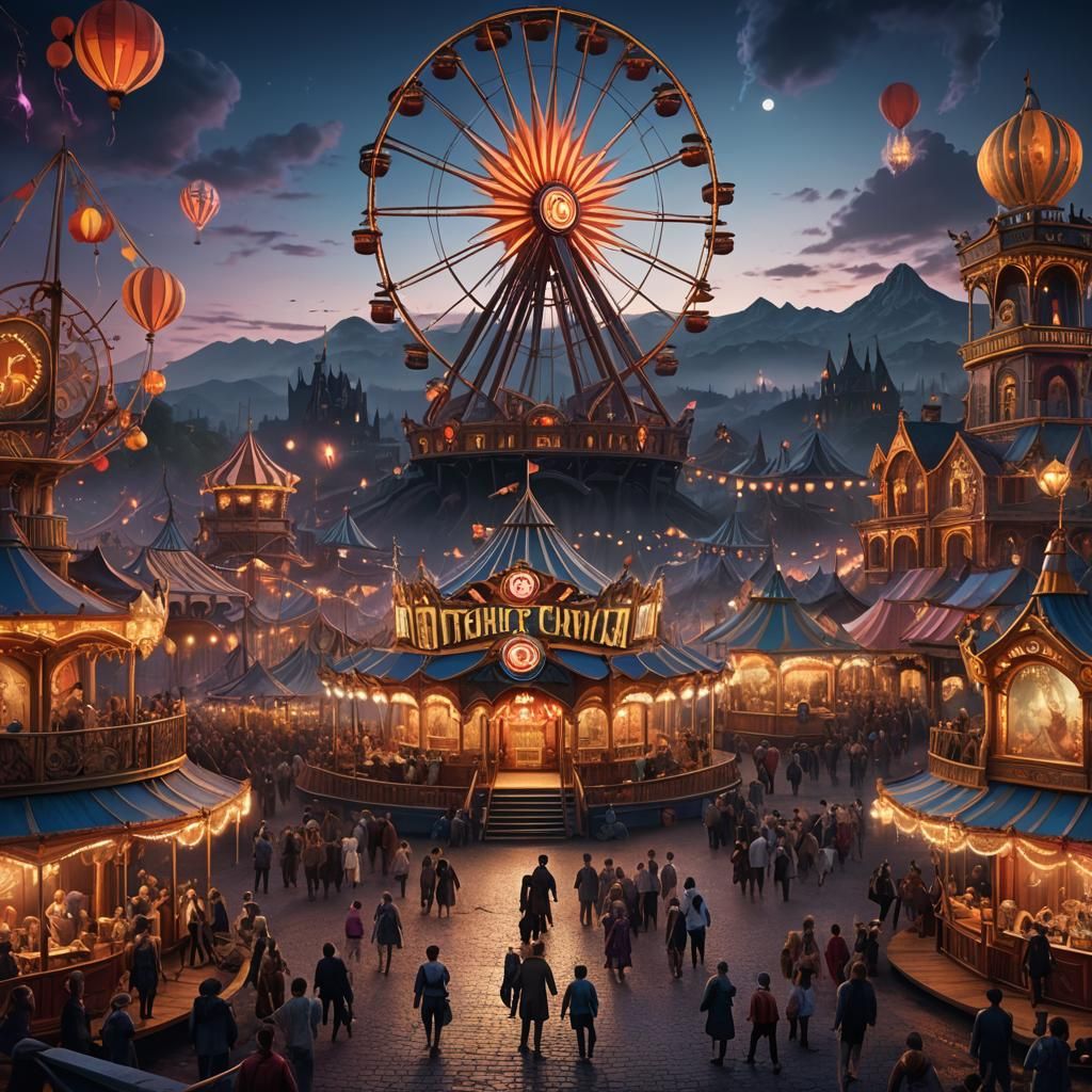 Fantastical Twilight Carnival: Detailed Matte Painting