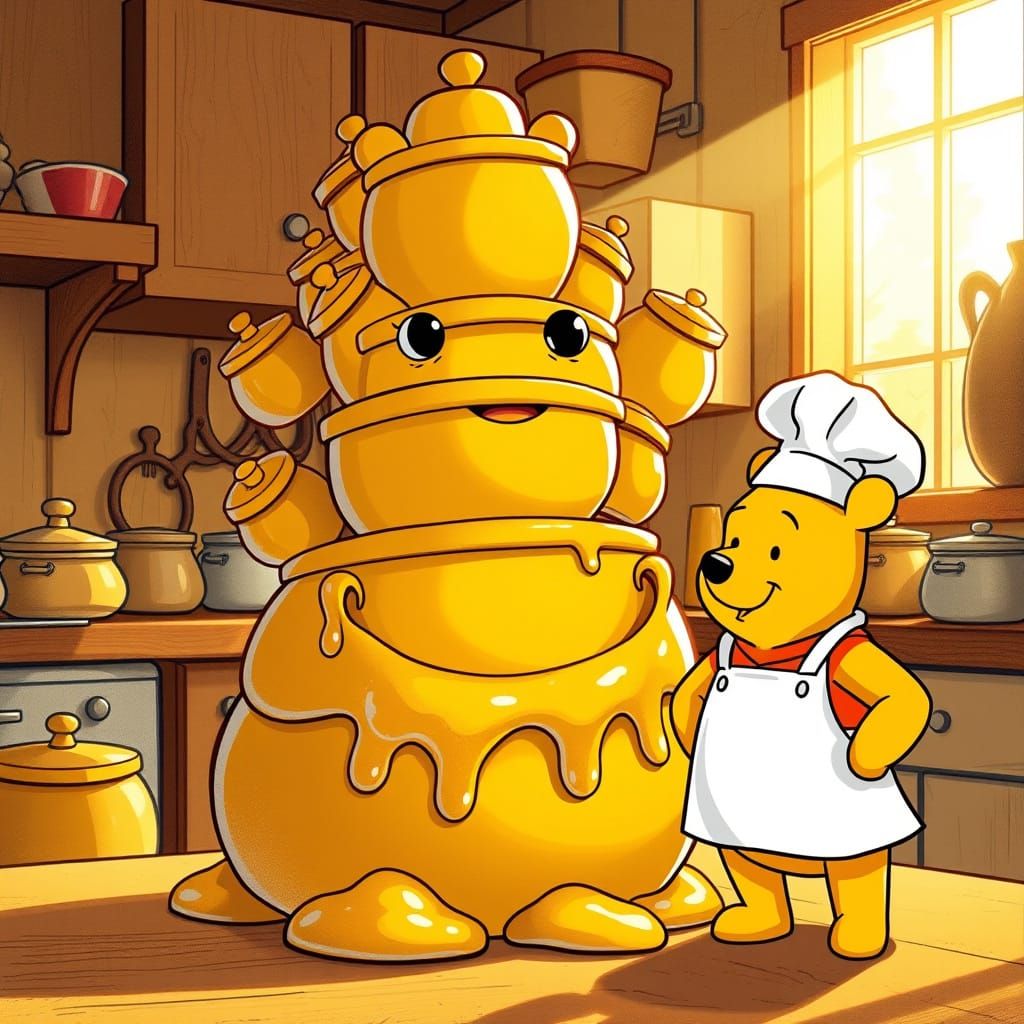 Whimsical Winnie the Pooh Honey Pot Portrait in Bright, Cart...