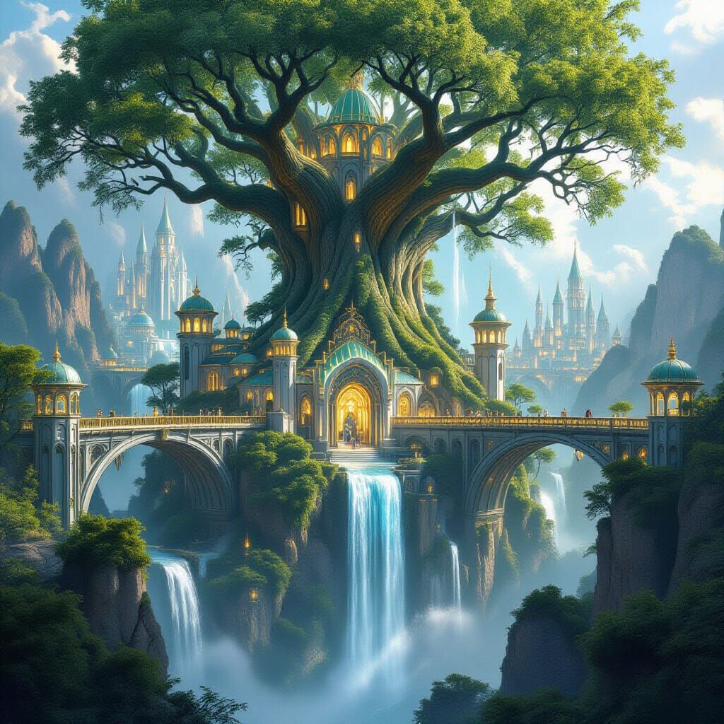 Elven City in Silver Trees with Light Waterfalls