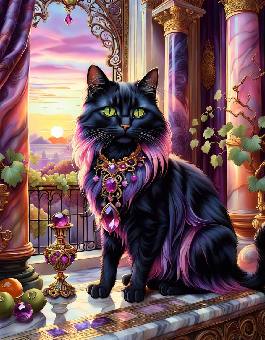 Ornate Black and Pink Cat with Gemstone Necklace