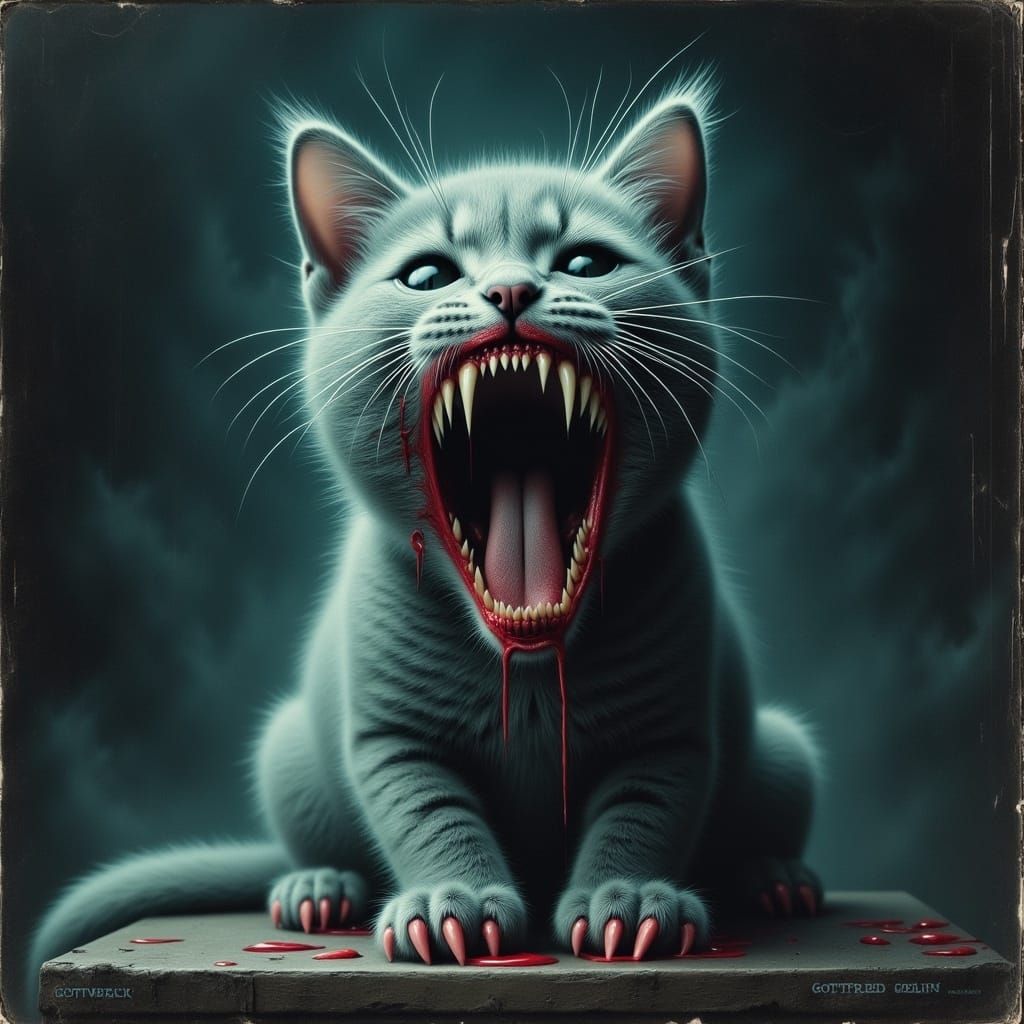 Faded Monstrous Feline with Bloody Fangs in Experimental Art