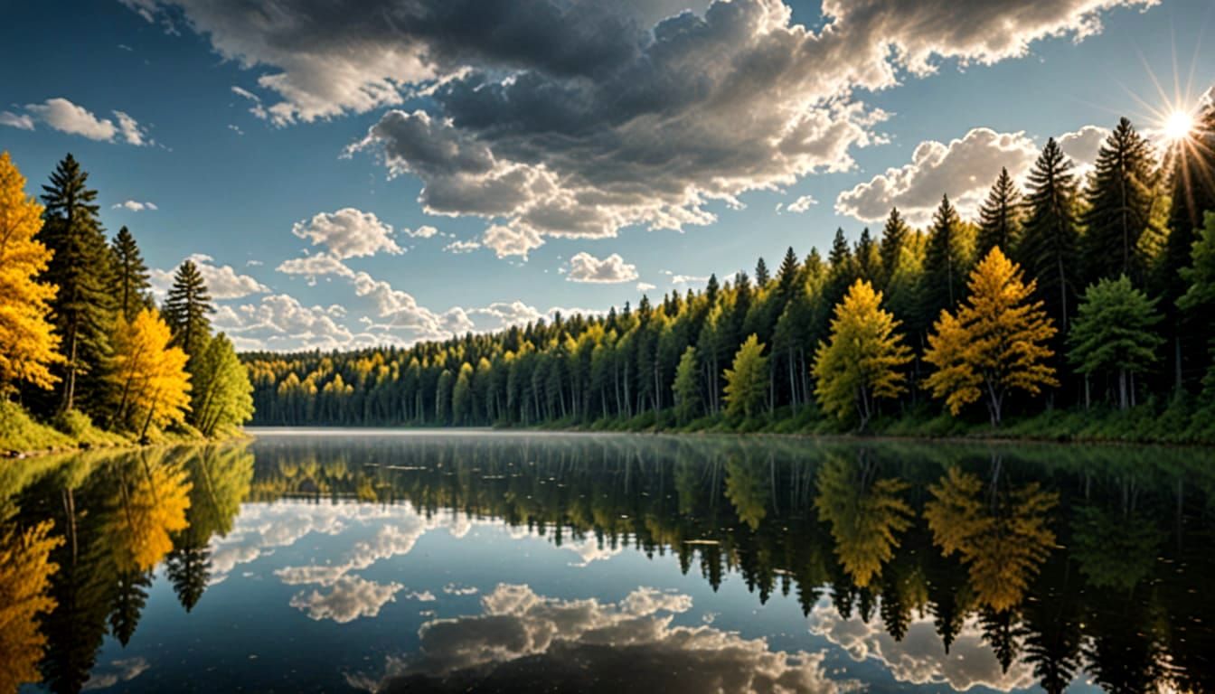 Peaceful Lake in Golden Sunlight: Hyperrealistic Digital Art